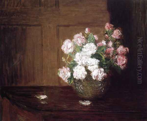 Roses In A Silver Bowl On A Mahogany Table Oil Painting by Julian Alden Weir