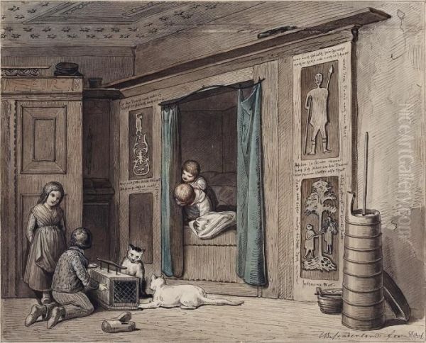 Interieur Mit Spielenden Kindern Und Katzen Oil Painting by Johann Baptist W.A. Sonderland