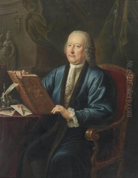 Portrait Of Johan Anthonie Van 
Kinschot (1708-1766), Alderman Of The City Of Delft, 
Three-quarter-length, In A Blue Robe And A White Chemise, Seated At A 
Desk With Writing Materials, Holding A Book Embossed With His Coat Of 
Arms Oil Painting by Philippe Lambert Spruyt