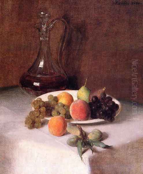 A Carafe of Wine and Plate of Fruit on a White Tablecloth Oil Painting by Ignace Henri Jean Fantin-Latour