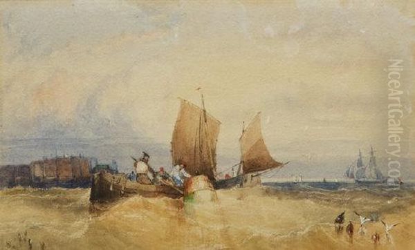 Luggers Off The Coast Oil Painting by William Henry Stopford