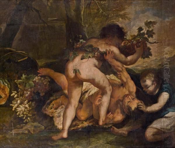 Zwei Putten Kampfen Mit Satyr Oil Painting by Peter Strudel