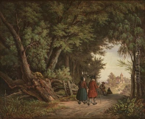 Romantischer Waldweg Mit Figurenstaffage Und Durchblick Auf Kirchlein Oil Painting by Heinrich Stuhlmann