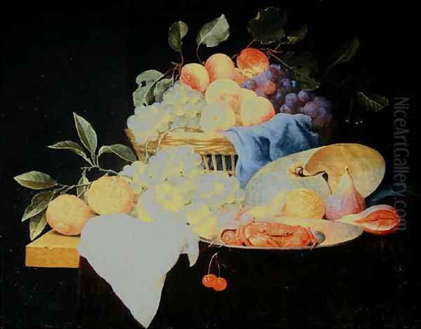 Still life with peaches and grapes in a basket, c.1650-60 Oil Painting by Joris Van Son