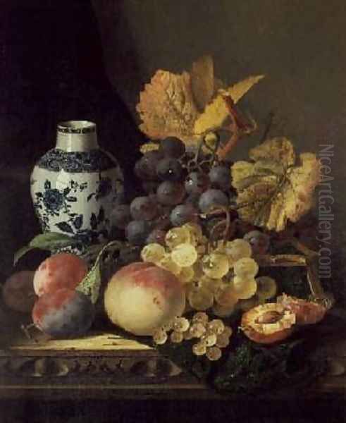 Grapes Peaches Plums and Currants with a Blue and White Vase Oil Painting by Edward Ladell