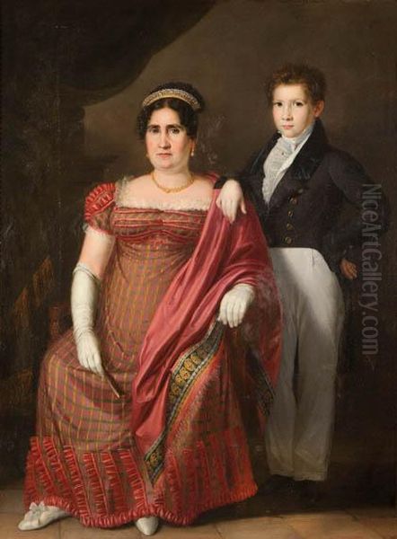 Retrato De Dona Paula Bragana Y Su Hijo, Suegra Y Cunado Del Pintor Oil Painting by Rafael Tejeo