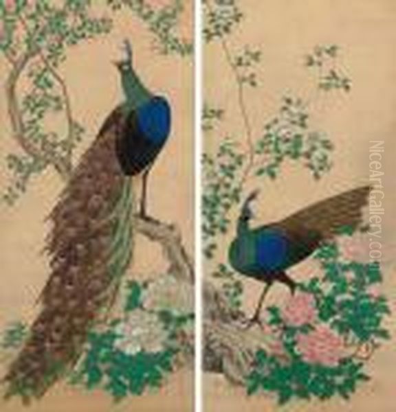 Peacocks And Peonies Oil Painting by Mori Tetsuzan