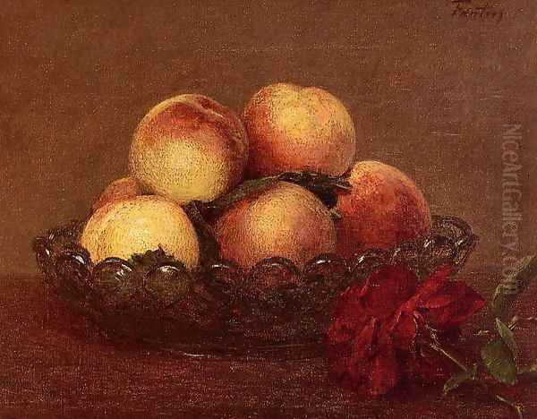 Nature Morte: Peches dans une coupe de verre, une rose fonces avec des feuilles a droite Oil Painting by Ignace Henri Jean Fantin-Latour