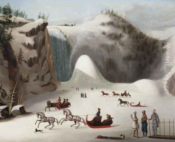 Sledges And Figures Skating On The Frozen Lake In Front Of Montmorency Falls Oil Painting by Robert Clow Todd