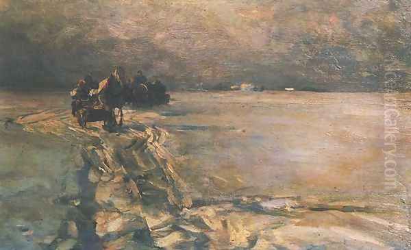 Sledging Oil Painting by Alfred Wierusz-Kowalski