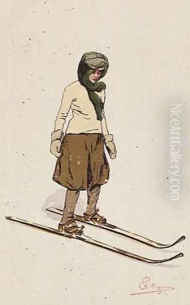 Woman skiing Oil Painting by Carlo Pellegrini