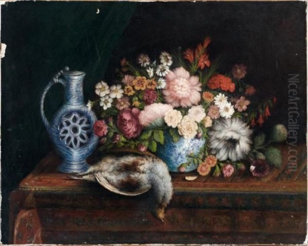 Nature Morte De Fleurs, Pichet Et Perdreau Sur Un Entablement Oil Painting by Auguste Truelle