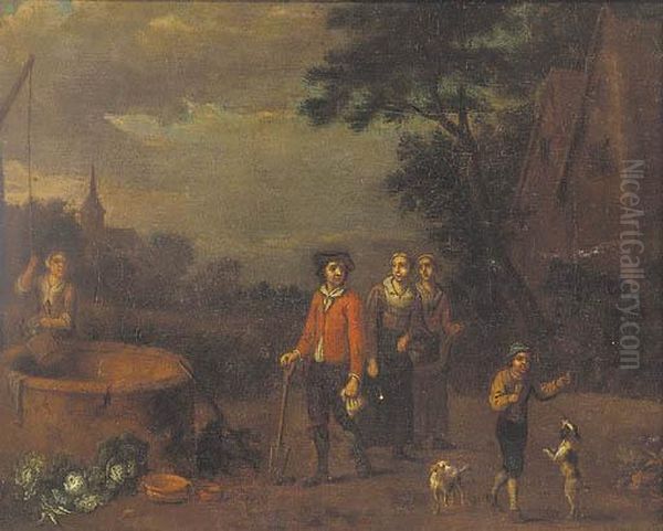 Figures By A Well Oil Painting by Evert Van Aelst