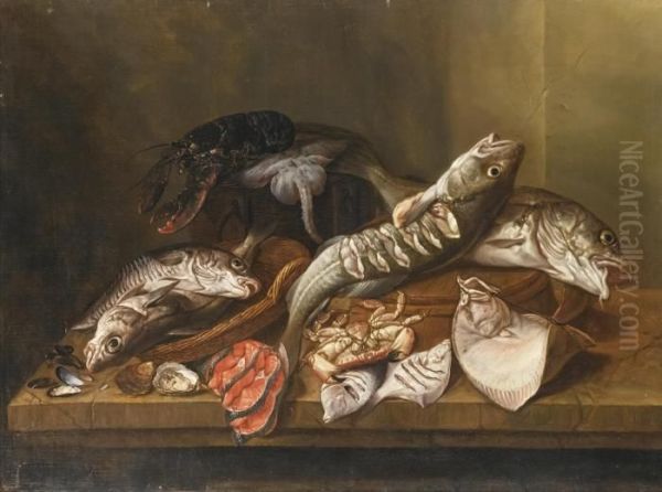 A Still Life With Fish, An 
Upturned Crab, Oysters, Cockles And Muscles, A Ray, A Lobster, Turbot 
And Haddock, All On A Table In An Interior Oil Painting by Isaac Van Duynen