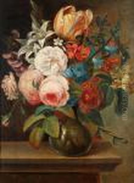 Bloemen In Vaas Op Entablement Oil Painting by F. van Geit