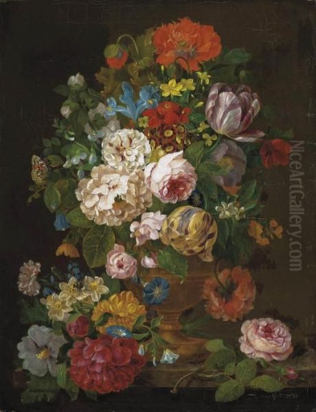 Roses, Tulips, Narcissae, 
Chrysanthemums And Other Summer Blooms In A Ewer On A Ledge With A 
Beetle, Butterfly And Bee Oil Painting by F. van Geit