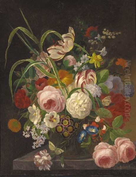 Peonies, Tulips And Other Summer Flowers In A Glass Vase On A Stone Ledge Oil Painting by F. van Geit