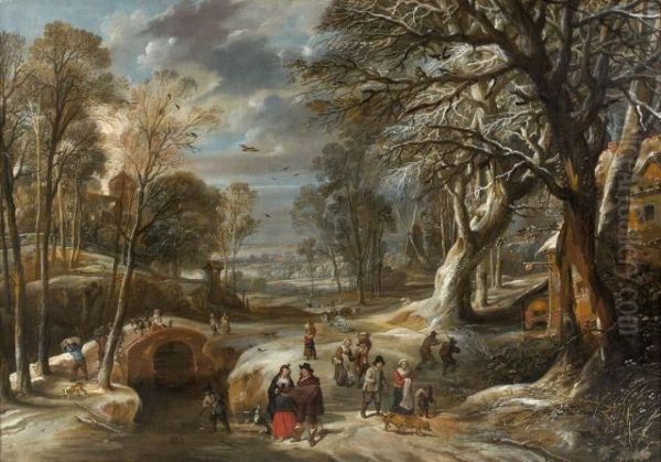 Paysage De Sous-bois Enneige Anime De Personnages Oil Painting by Pieter Van Hulst Ii