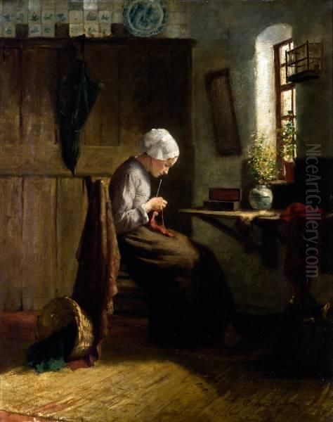 Jonge Vrouw Met Handwerk In Een Interieur Oil Painting by Johan Cornelis Van Hulsteijn