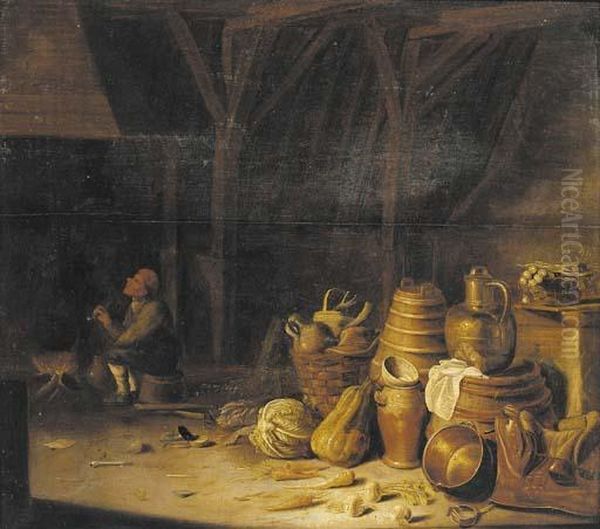 The Interior Of A Barn With A Peasant Smoking A Pipe By A Fireside Oil Painting by Pieter van Steenwyck