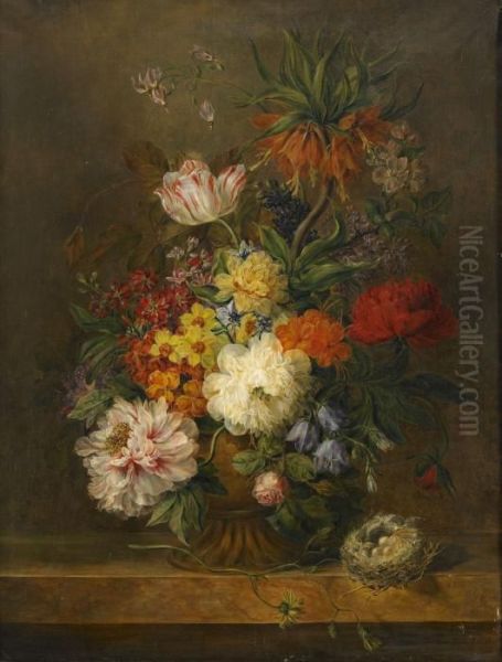 Blomsterstycken - 1 Par Oil Painting by Petronella van Woensel