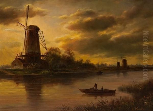 Dutch River Scene Oil Painting by Ellen Vernon