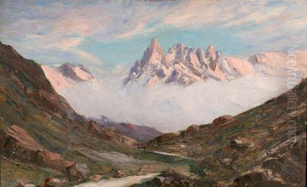 Premiere Lumiere Du Couchant Sur L'aiguille Du Grand Montet Oil Painting by Emile Veron