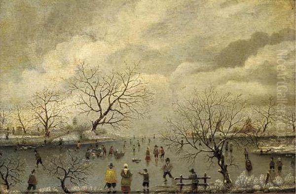 Figures Skating In A Winter Landscape Oil Painting by Antoni Verstralen (van Stralen)