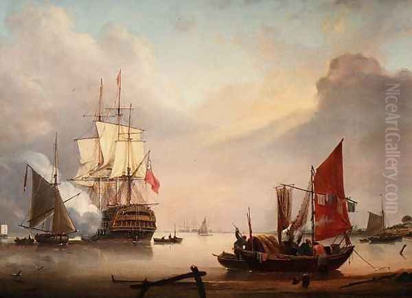 British Man-o-War off the coast Oil Painting by George Webster