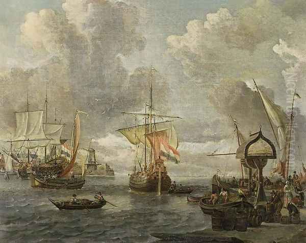 View of a Harbour on the Zuiderzee 1680s Oil Painting by Abraham Storck