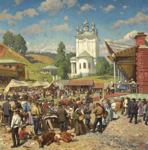 Market Day In Plyos Oil Painting by Alexandr Vladimirovich Makovsky