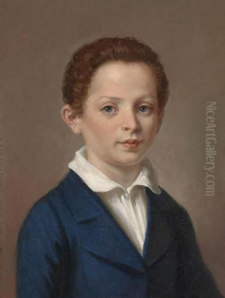 Portrait Of A Boy With Blue Jacket Oil Painting by Edouard Von Engerth