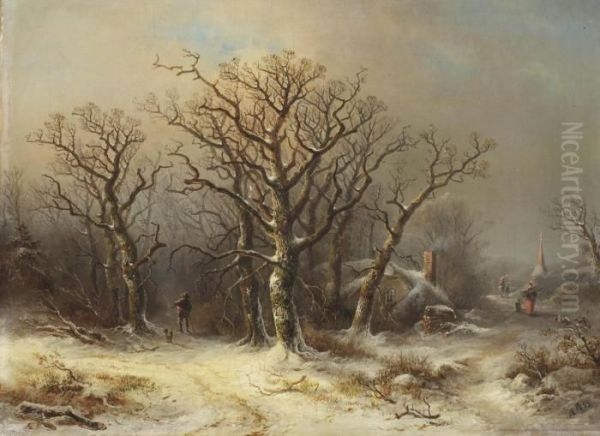 A Winter Woodland With A Man And His Dog And A Woman Gathering Wood Oil Painting by Theobald Reinhold von Oer