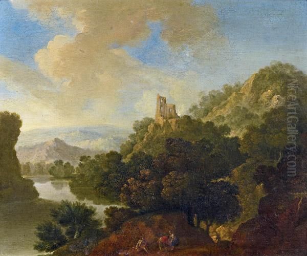 Bergige Flusslandschaft Mit Ruine Und Drei Staffagefiguren Oil Painting by Johannes Vorstermans