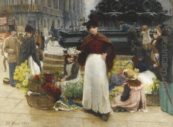 London Flower Girls, Piccadilly Circus Oil Painting by Bernard Evans Ward