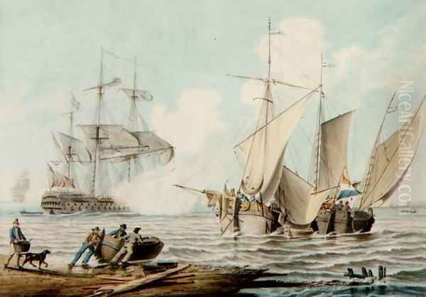 Dutch Pinks and a British Man-o-War off a Coastline Oil Painting by George Webster