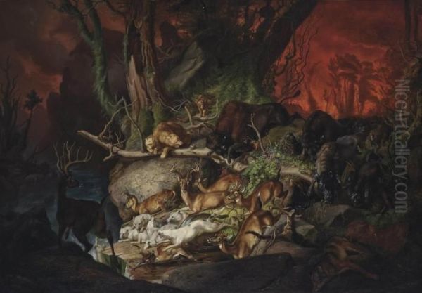 A Forest Fire, North America Oil Painting by Johann Friedrich W. Wegener