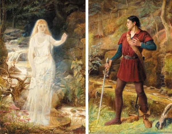 The Visitation: A Water Nymph By A Stream; A Swordsman Taking Fright Oil Painting by Arthur Howes Weigall