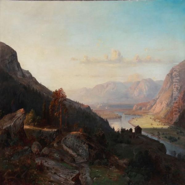 View From The Mountains With Sunshine In The Valley Oil Painting by Christian Delphin Wexelsen