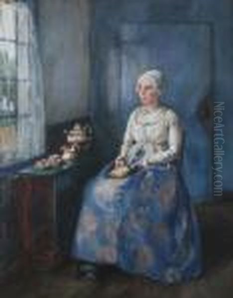 Arrangement In Blue Woman Seated By Window Oil Painting by C.H Whittenbury