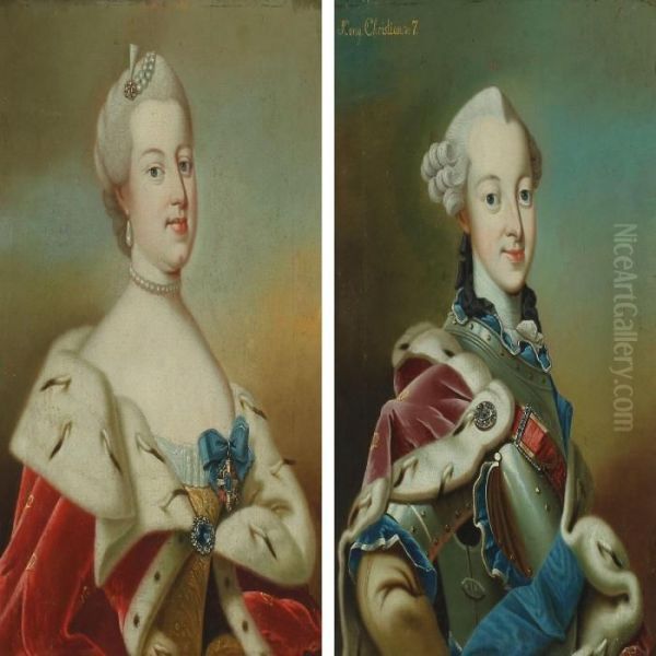 Two Portraits Of King Christian Vii And Queen Louise Of Denmark Oil Painting by Peter Wichmann