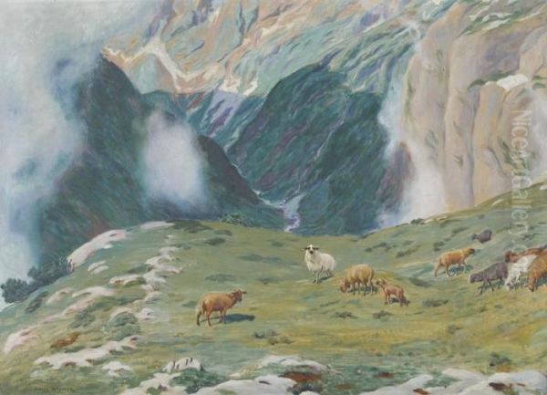 Alpenpartie Mit Schafherde Oil Painting by Hans Widmer