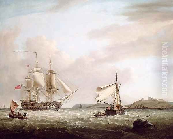 An English Man-of-War off Pendennnis Castle, Falmouth 1801 Oil Painting by George Webster