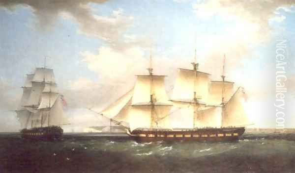 The Indiaman in two positions off Walmer Castle, Kent Oil Painting by Thomas Whitcombe