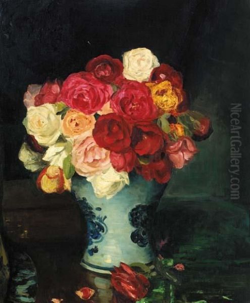 Roses In A Delft Vase Oil Painting by Edward Drummond Young