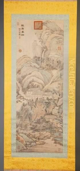 Scroll Painting Of A Landscape With Pavilions Oil Painting by Lu Yuan