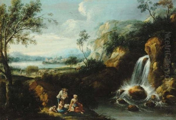 Paesaggio Fluviale Con Cascata E Figure Oil Painting by Gaetano Zais