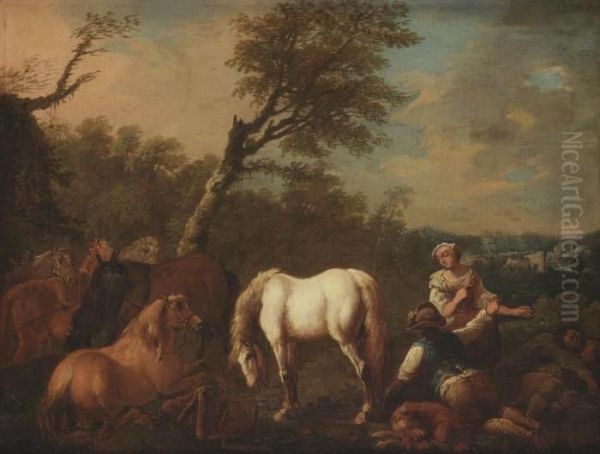 A Wooded Landscape With Horsemen Resting Oil Painting by Francesco Zuccarellego