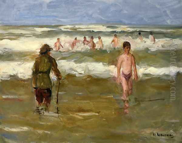 Boys Bathing with Beach Warden Oil Painting by Max Liebermann