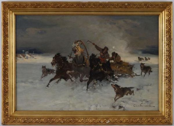 Attelage Poursuivi Par Des Loups Oil Painting by Ignacy Zygmuntowicz